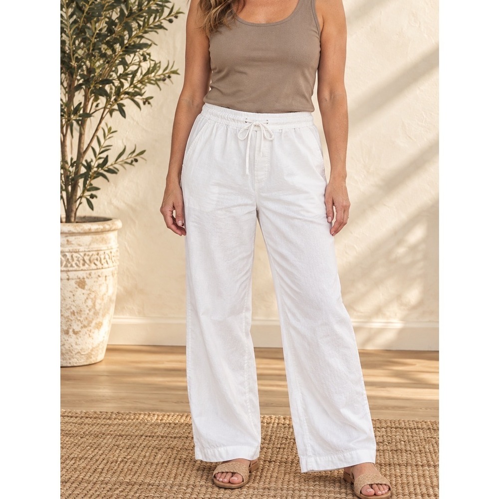 Hollister White Linen Blend Wide Leg Drawstring Pants Medium Coastal Summer